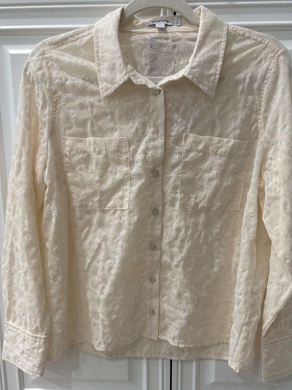 Chico's Cream Embroidered Button-Front Blouse